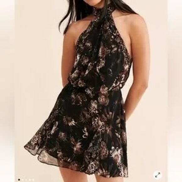 Free People Katerina Halter Tie Sleeveless Floral Mini Dress Black Small - Picture 5 of 12